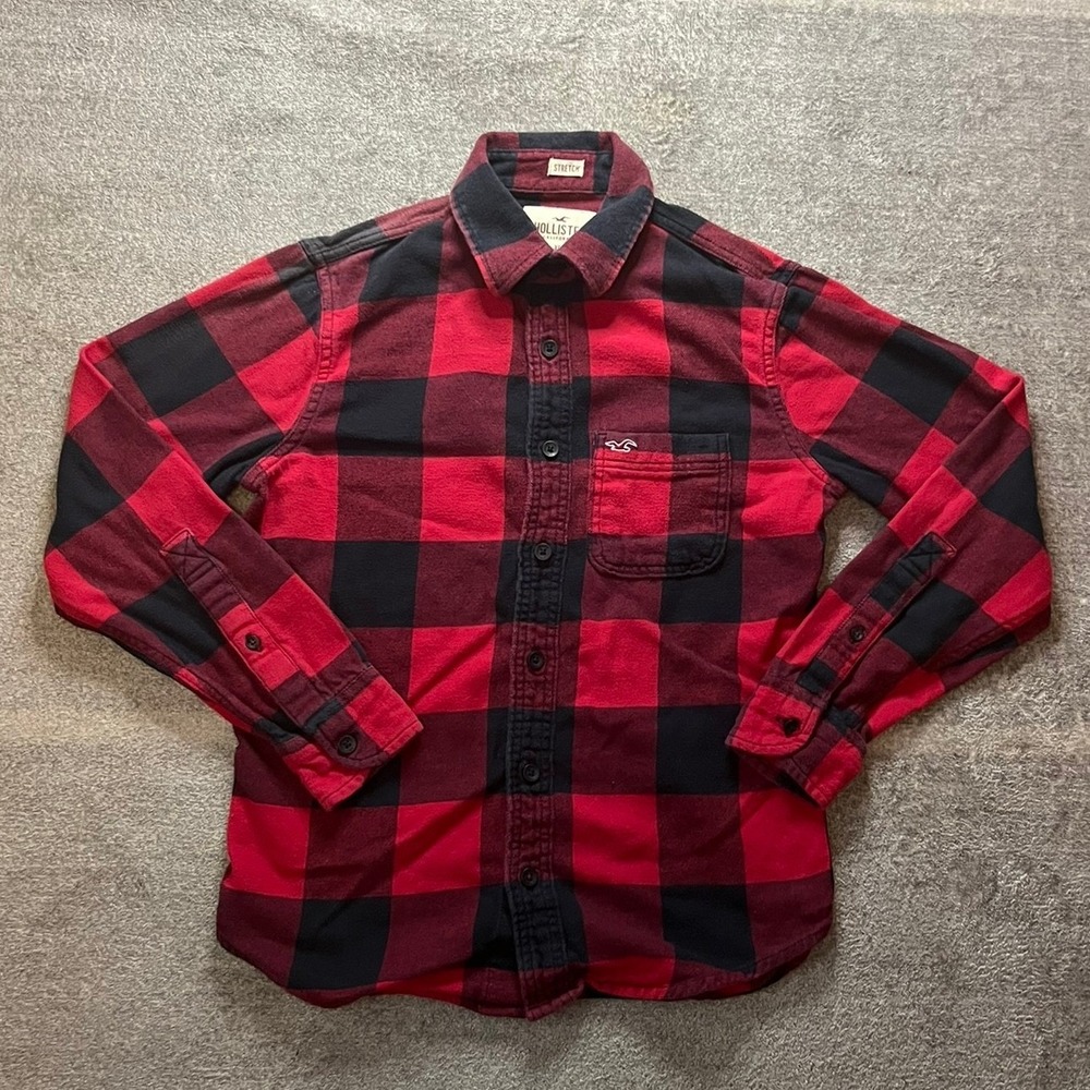 Hollister Mens XS Red Black Buffalo Plaid Flannel Shirt Stretch Lumberjack